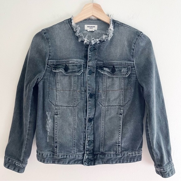 Zadig & Voltaire Kioky Gris Love Now Embroidered Collarless Denim Jacket Black S - Picture 14 of 14